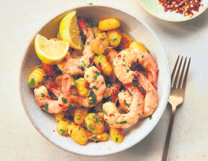 One-pan shrimp scampi featuring crispy gnocchi